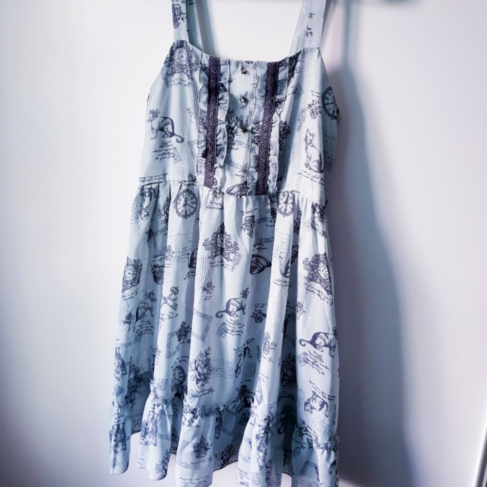 NWT Axes Femme Japan Light Green Tank Ruffle Babydoll Cat Clock Dress